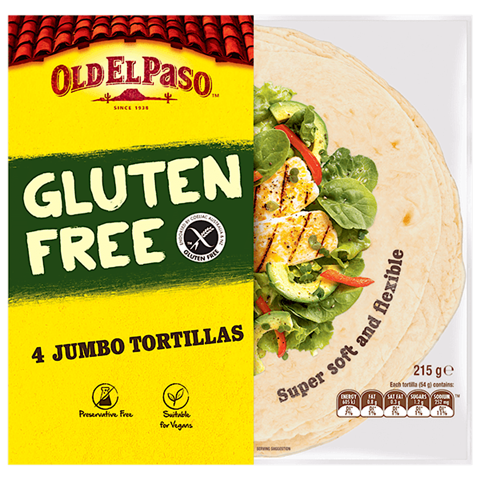 a pack of Old El Paso's 4 gluten free jumbo tortillas (215g)